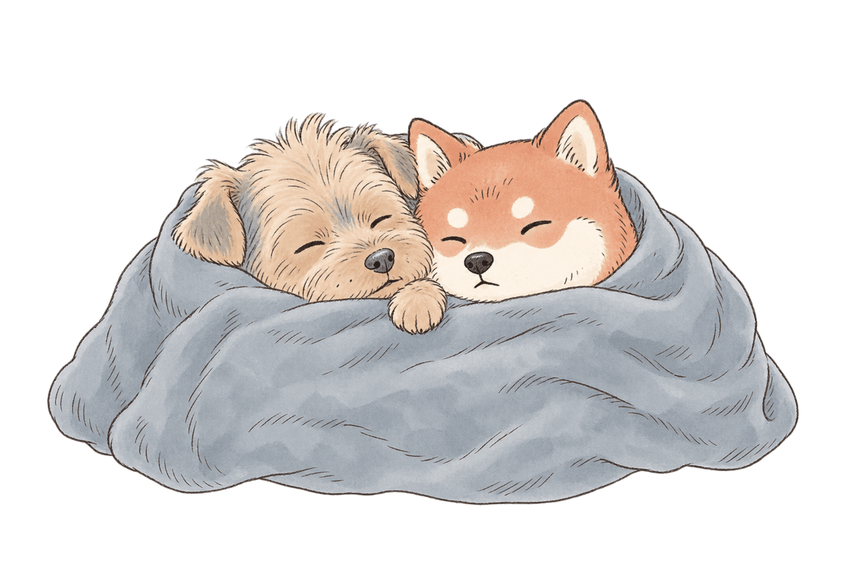 Button and Mochi asleep together under one blanket