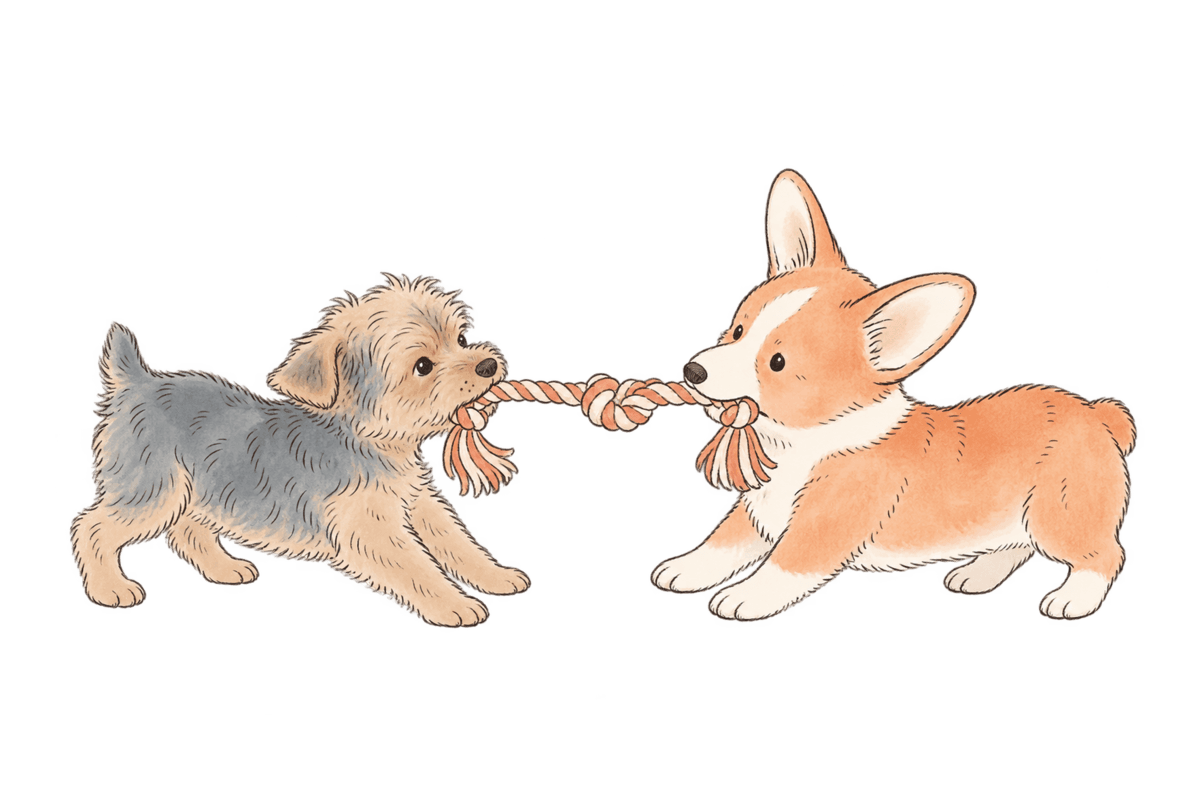 Button and Waffles playing tug-of-war with a rope toy