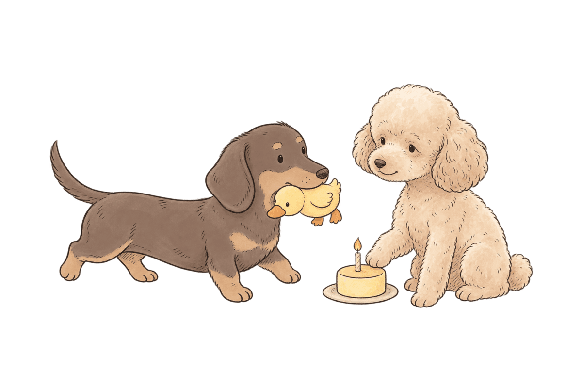 Noodle arriving with a plush duck while Truffle waits beside a small cake
