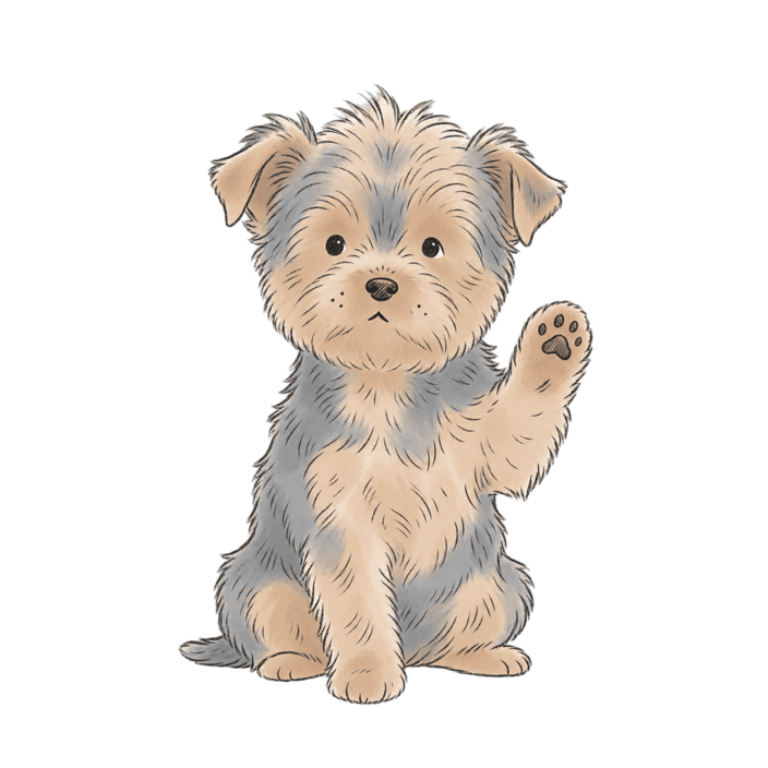 Button the Yorkie, waving a paw